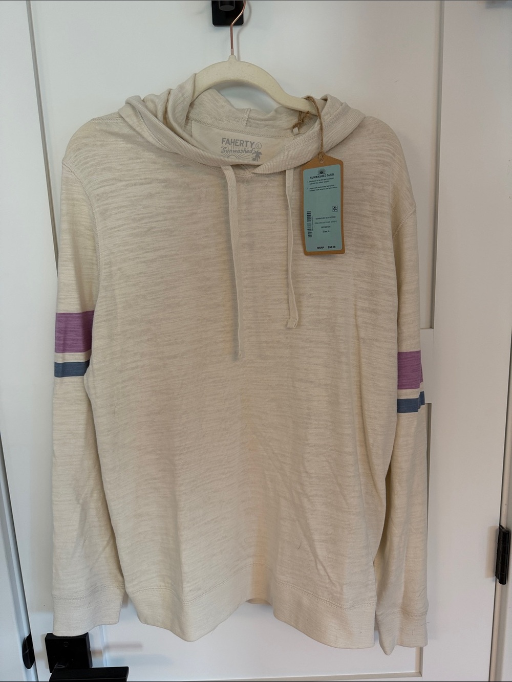 Faherty Cream Crewneck Hoodie with Purple and Blue Sleeve Stripes